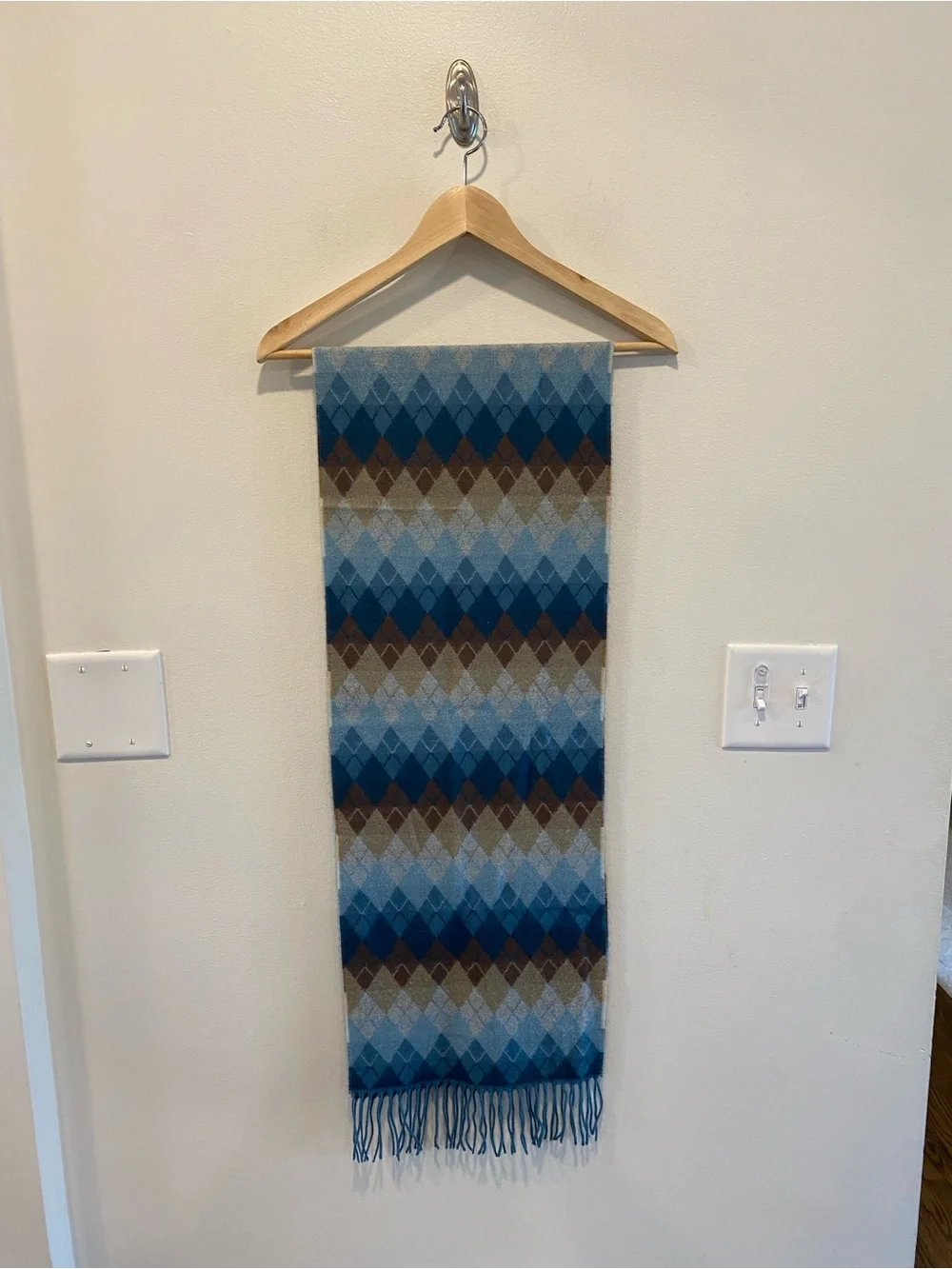 Cashmere Scotland scarf argyle tassel fringe 100% cashmere blue brown luxury